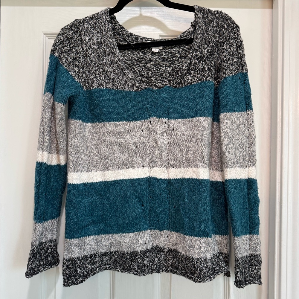 Kensie Teal and Gray Striped V-Neck Sweater